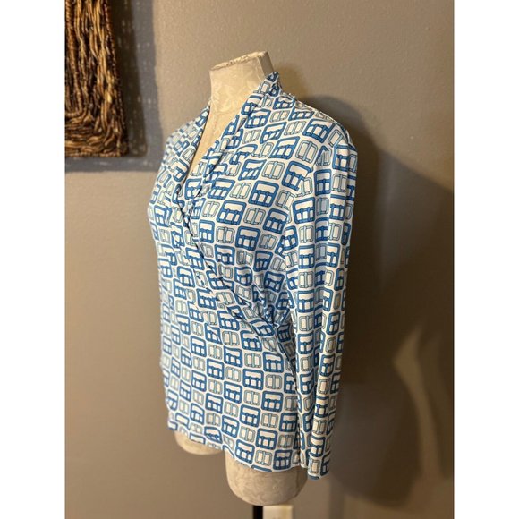 J. McLaughlin Womens Top M Medium Blue White 3/4 Long Sleeve Stretch Washable - Picture 5 of 9